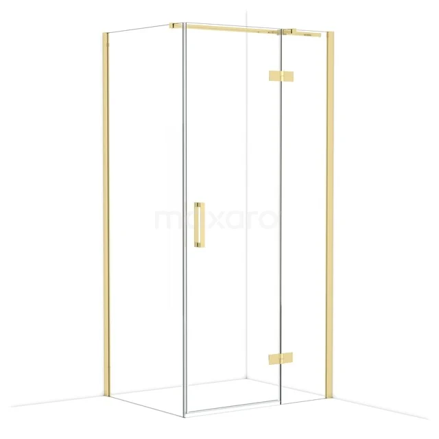 Shower cabin with clear glass, corner shape and golden accents, a stylish addition for a luxury bathroom.