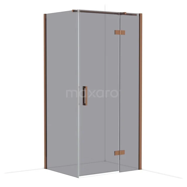 Grijze douchecabine met glazen deuren, houten accenten en mat zwarte handgreep, perfect voor een stijlvolle badkamer.