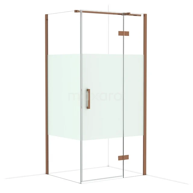 Diamond Duschkabine | 100x80 cm Glänzendes Kupfer Drehtür Rechteck CDB224608313GKP Glas Duschkabine mit satiniertem Mittelstreifen, Holzakzenten und einem metallenen Haltegriff, ideal für moderne Bäder.