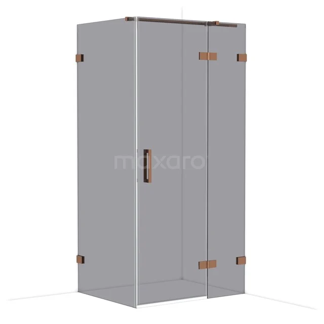 Grey shower cabin with copper-coloured accents and glass panels, modern design ideal for a stylish bathroom.