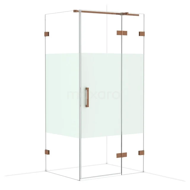 Glas Ecken Dusche mit mattem Portion Glas und Kupfer Scharnieren, ideal für eine luxuriöse Badezimmer Einrichtung.