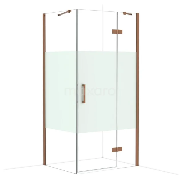 Diamond Shower enclosure | 100x80 cm Shiny copper Clear with matt strip Pivot door Rectangle CDB224608413GKP Hoekdouchecabine met glazen wanden, mat glazen details, houtlook profielen en metalen handgreep. Perfect voor moderne badkamers.