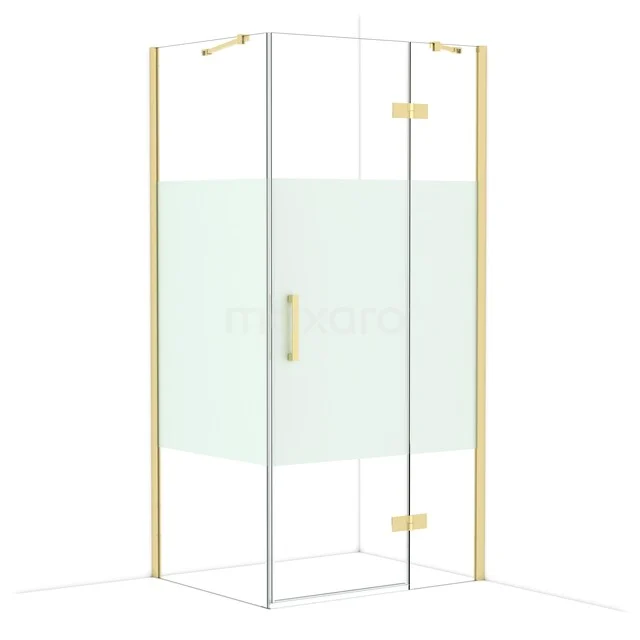 Corner shower cabin with gold accents, clear glass and matte panel for privacy, ideal for a modern bathroom design.