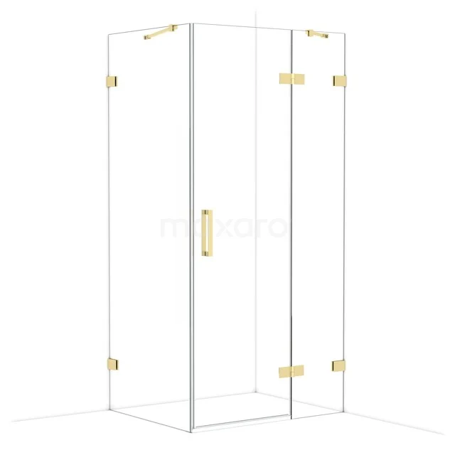 Glas Duschkabine mit goldfarbenen Scharnieren und Haltegriff, modernes Design, ideal für stilvolle Badezimmergestaltung.