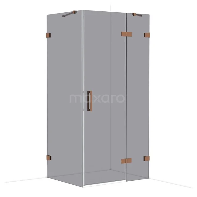 Grey corner shower cabin with bronze hinges, sleek design and glass panels, ideal for a modern bathroom.