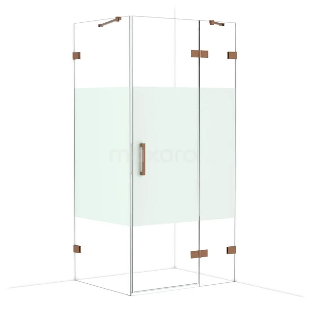 Diamond Shower enclosure | 100x80 cm Shiny copper Clear with matt strip Pivot door Rectangle CDB224608423GKP Glazen douchecabine met mat witte strook, messing scharnieren en deurhendel, ideaal voor een moderne badkamerinrichting.