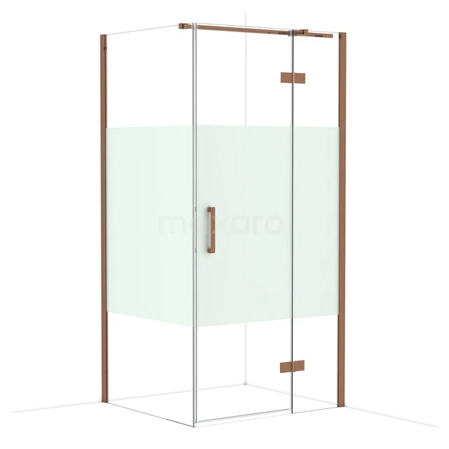 Modern glass shower cabin with a matte strip, copper-coloured profiles and sliding door, ideal for a stylish bathroom.