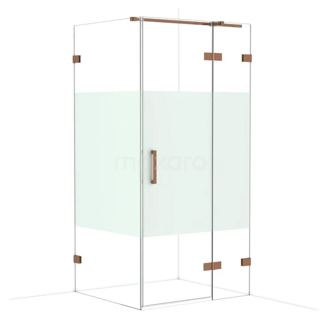 Diamond Shower enclosure | 100x90 cm Shiny copper Clear with matt strip Pivot door Rectangle CDB224609323GKP Glazen douchecabine met mat witte band, vierkant design, messing scharnieren en handgreep, ideaal voor moderne badkamers.