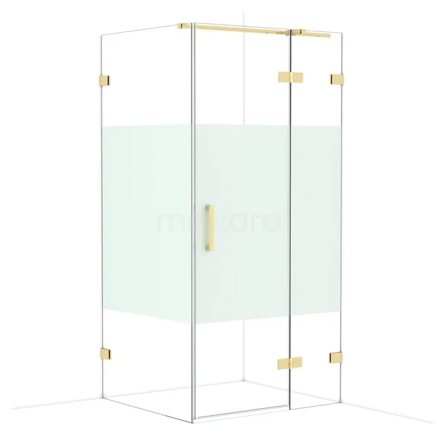 Diamond Shower enclosure | 100x90 cm Glossy light gold Clear with matt strip Pivot door Rectangle CDB224609323GLG Douchecabine vierkant met glazen wanden, goudkleurige accenten en deurknop, ideaal voor een luxe badkamerstijl.