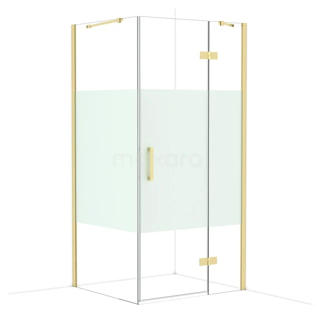 Douchecabine met goudkleurig frame, hoekig design en helder glas, perfect voor een luxe badkamer inrichting.