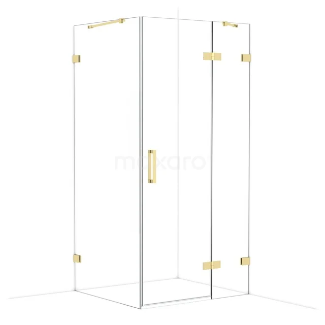 Glas Duschkabine quadratisch mit goldfarbenen Scharnieren, modernes Design für luxuriöses Badezimmer.