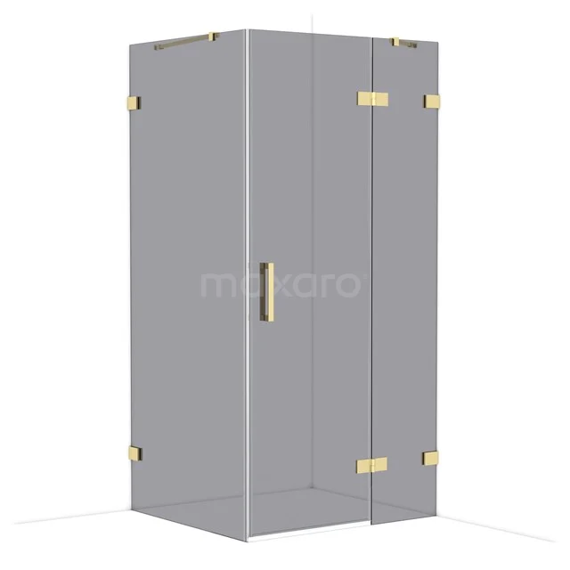 Grey glass shower screen with gold hinges, modern design, perfect for a stylish bathroom decor.