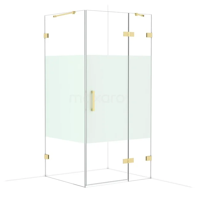 Glass shower cabin with corner entry, gold-coloured hinges, sleek design, ideal for a modern bathroom style.