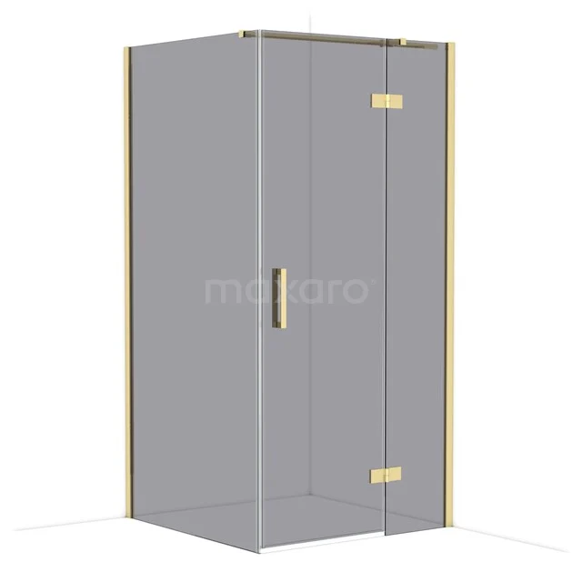 Square shower cabin, glass with gold accents, sleek design, ideal for modern bathroom decor.