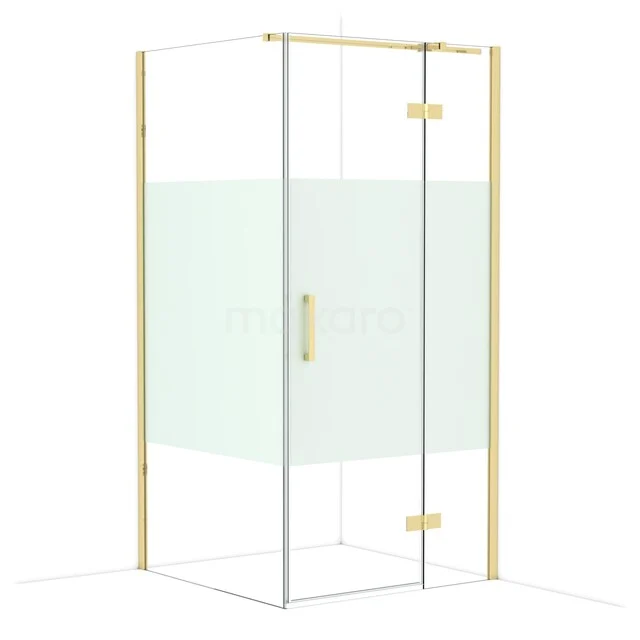 Douchecabine met goudkleurig frame, helder glas en matfolie; modern en elegant design voor elke badkamer.