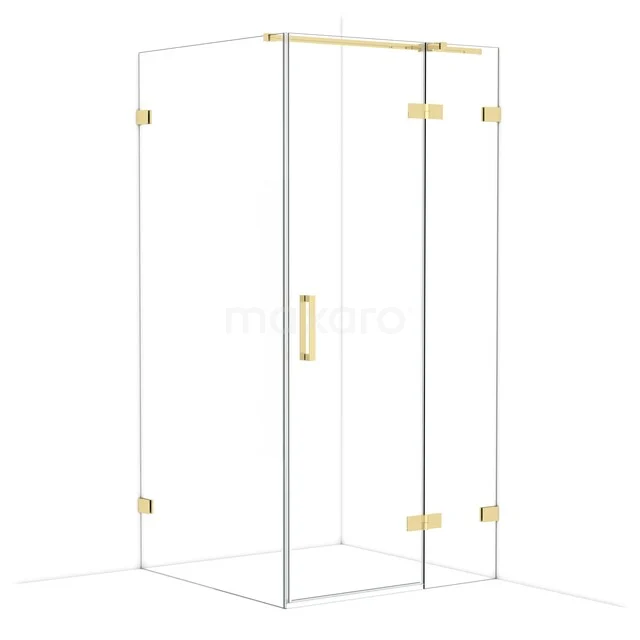 Duschkabine mit goldfarbenem Rahmen, transparentem Glas, modernem Design; luxuriöse Ergänzung für jedes Badezimmer.