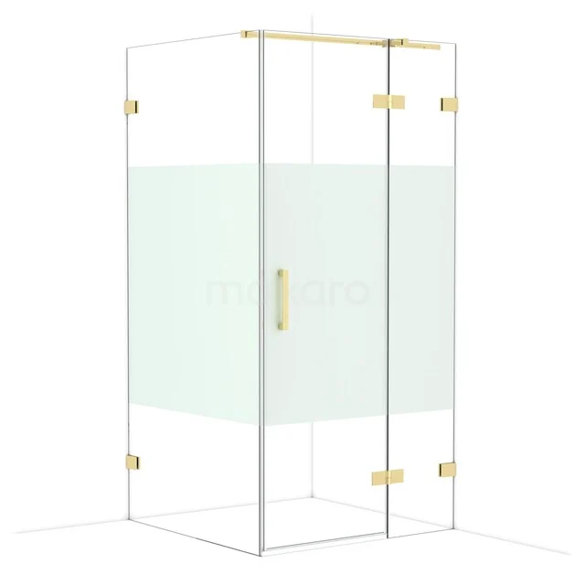 Glass shower cabin with brass details, square shape and frosted glass accents for a modern bathroom style.