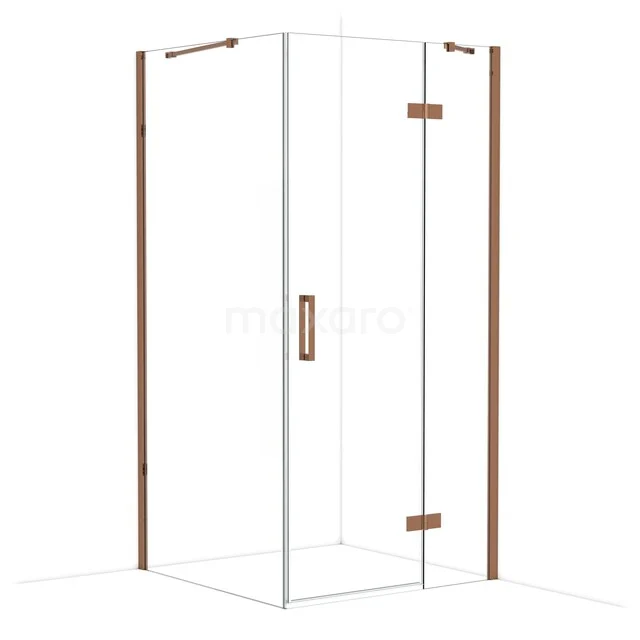 Glas-Eckdusche mit Edelstahlakzenten, Holzelementen und modernem Design, perfekt für ein stilvolles Badezimmer.