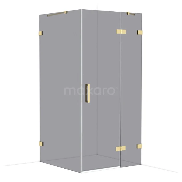 Diamond Shower enclosure | 100x100 cm Glossy light gold Smoke glass Pivot door Square CDB224610421GLG Glass shower cabin with gold-coloured hinges and handle, sleek design for modern bathrooms.