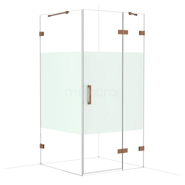 Glazen douchecabine met hoekinstap, matte middenstrook en messing scharnieren, perfect voor een moderne badkamer.