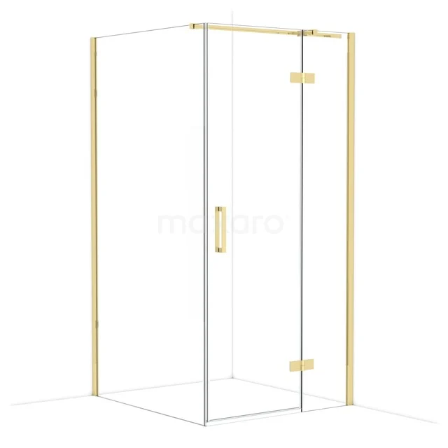 Gold-coloured corner shower cabin with glass walls and modern details, ideal for luxury bathroom decor.