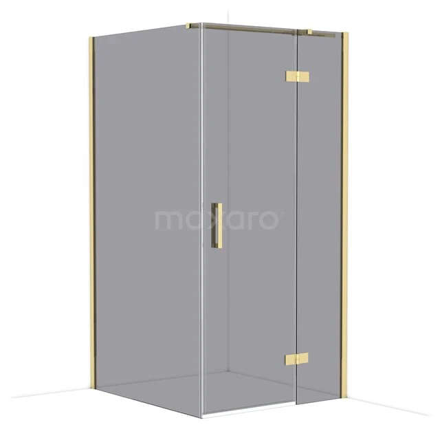 Golden shower cabin with glass panels, angular design, ideal for a luxury bathroom.