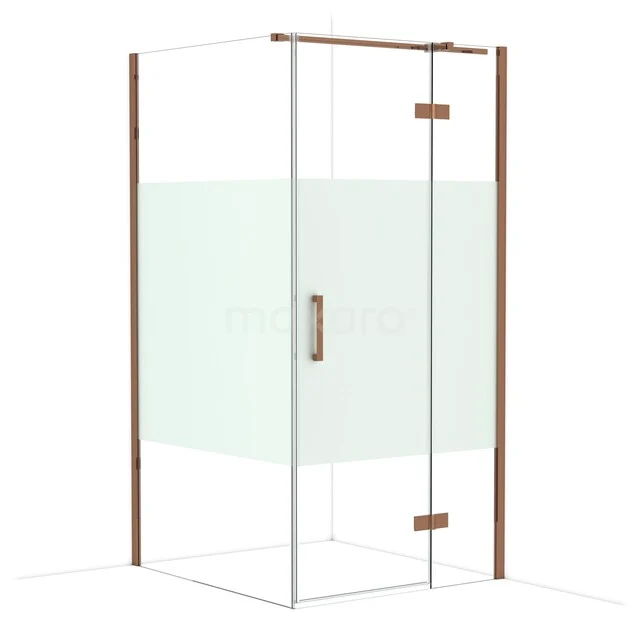 Diamond Shower enclosure | 110x100 cm Shiny copper Clear with matt strip Pivot door Rectangle CDB224611313GKP Douchecabine vierkant glas met mat witte strook, houtkleurige details, modern design voor stijlvolle badkamer.