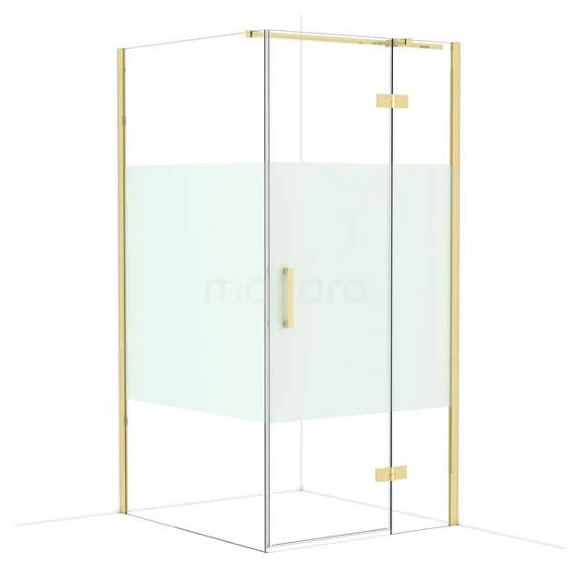 Shower cabin with gold-coloured frame, glass doors with frosted strip; stylish and modern for any bathroom.