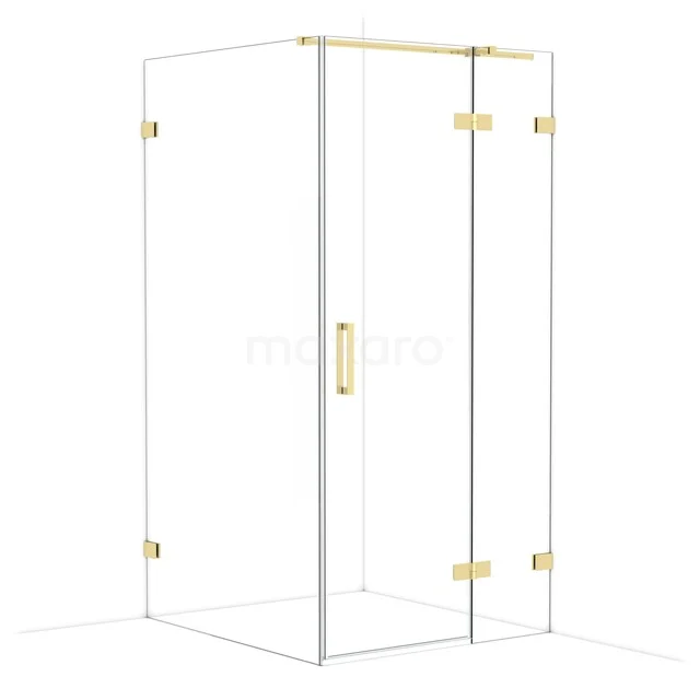 Glass shower cabin with gold-coloured metal details, modern design, ideal for luxury bathroom decor.