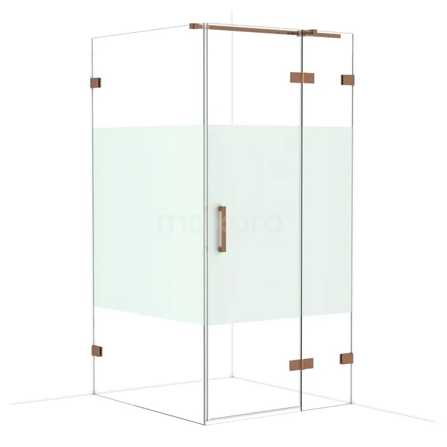 Glas Duschkabine mit matt weißem Streifen, Messing Scharniere und Haltegriff, minimalistisches Design für moderne Bäder.