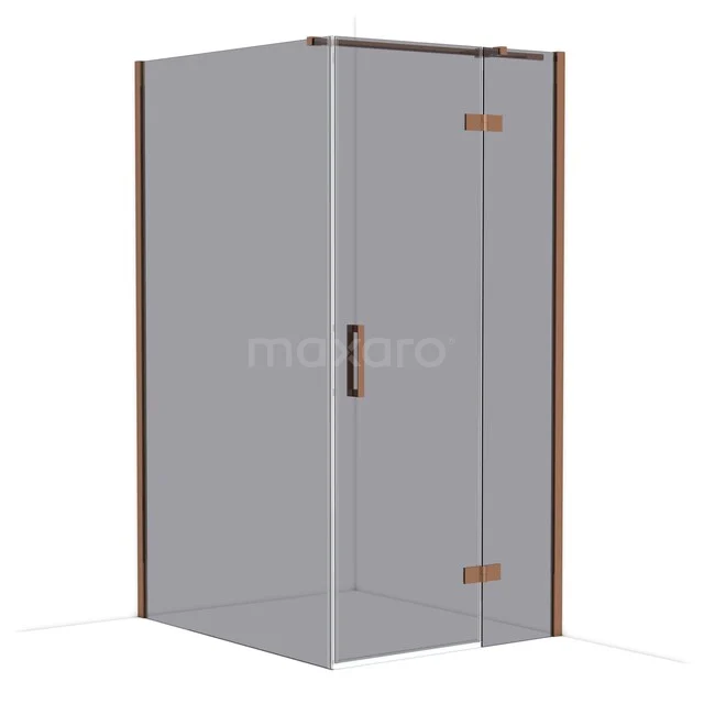 Corner shower cabin made of glass with copper-coloured details, ideal for a stylish bathroom decor.