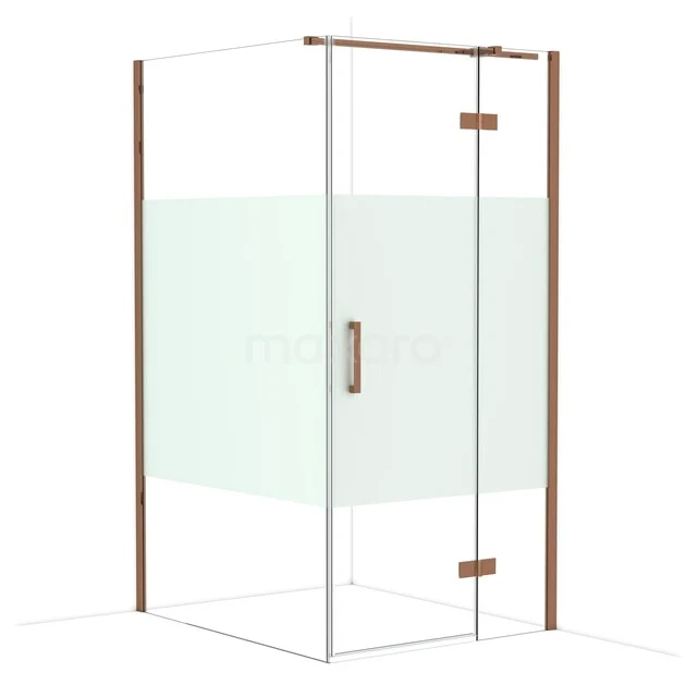 Glass shower cabin with corner entry, matte gold profiles and clear glass, ideal for a modern bathroom design.