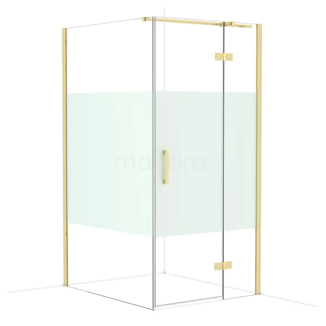 Diamond Shower enclosure | 120x100 cm Shiny light gold Clear with matt strip Pivot door Rectangle CDB224612313GLG Corner shower cabin with gold-coloured profiles, clear glass and frosted glass detail for modern bathroom style.