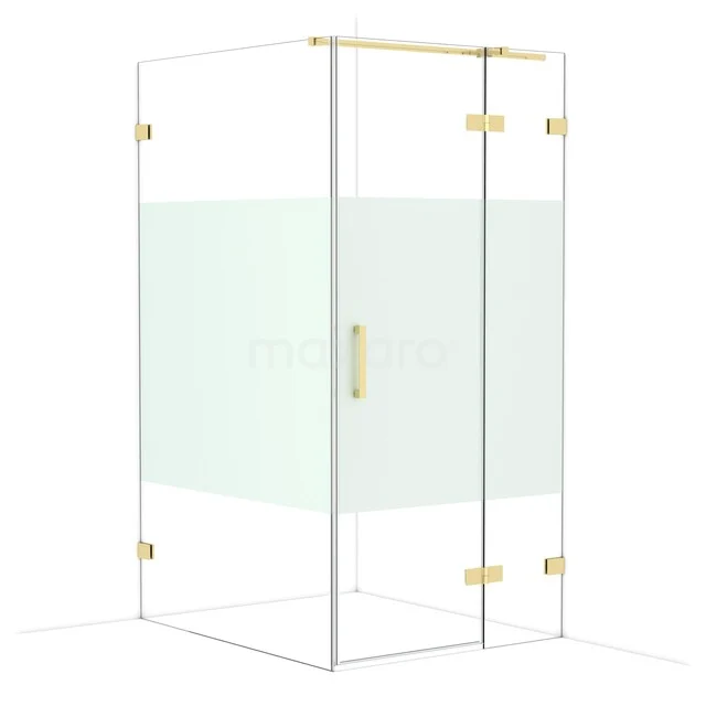 Glas Duschkabine mit goldfarbenen Details und satiniertem Glas Einsatz, ideal für ein modernes Badezimmer.