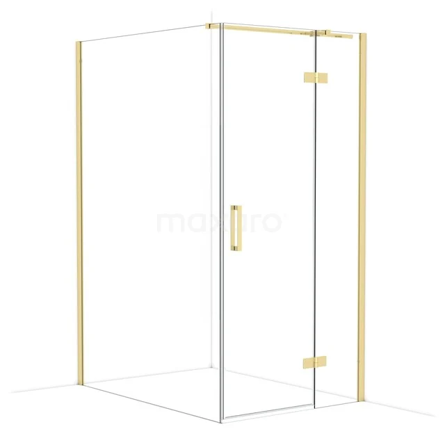 Shower cabin glass and gold-coloured aluminium, corner model with swing door, suitable for modern bathroom decor.