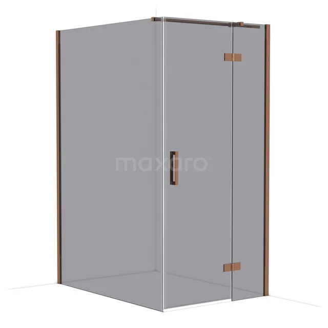 Corner shower cabin with glass walls, black metal details and a hinged door. Perfect for a modern bathroom design.