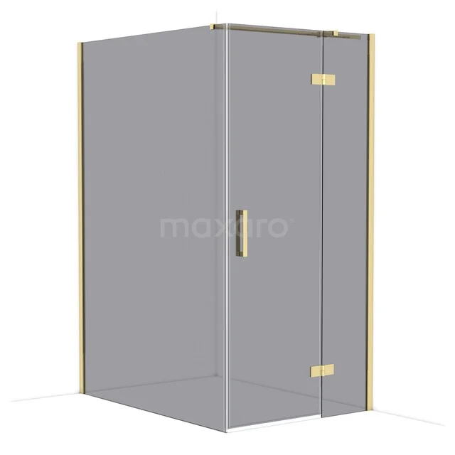 Luxury glass shower cabin with gold accents, perfect for modern bathrooms.