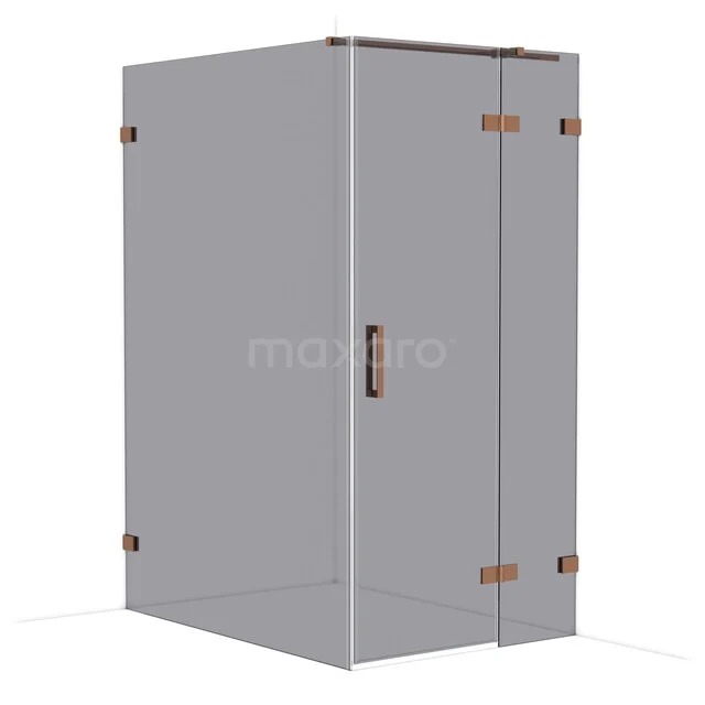 Glas Duschkabine mit Eckinstieg, klare Wände, kupferfarbene Scharniere und Haltegriff, luxuriöses Badezimmerdesign.