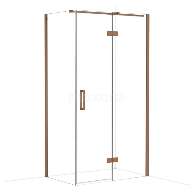 Shower cabin with corner entry, glass with copper-coloured profiles, luxury design for modern bathrooms.