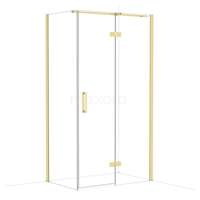 Douchecabine vierkant, helder glas met gouden details, moderne stijl, ideaal voor elke stijlvolle badkamer.