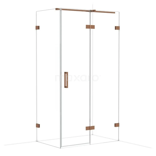 Glass shower cabin with bronze-coloured hinges and handle, sleek design for a modern bathroom.