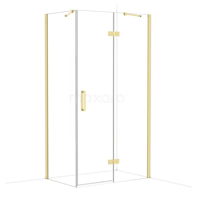 Shower cabin with gold-coloured details, glass walls and corner design; elegant bathroom accessory for a luxurious appearance.
