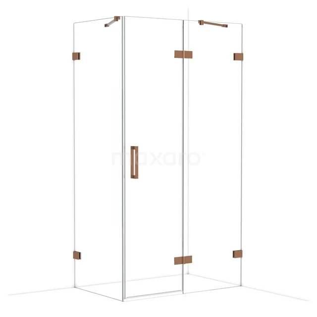 Glass shower cabin with copper-coloured hinges and handle, sleek design for a modern bathroom.