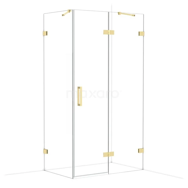 Glas Duschkabine mit goldfarbenen Details, Eckzugang, moderner Stil; perfekt für eine luxuriöse Badezimmer Einrichtung.