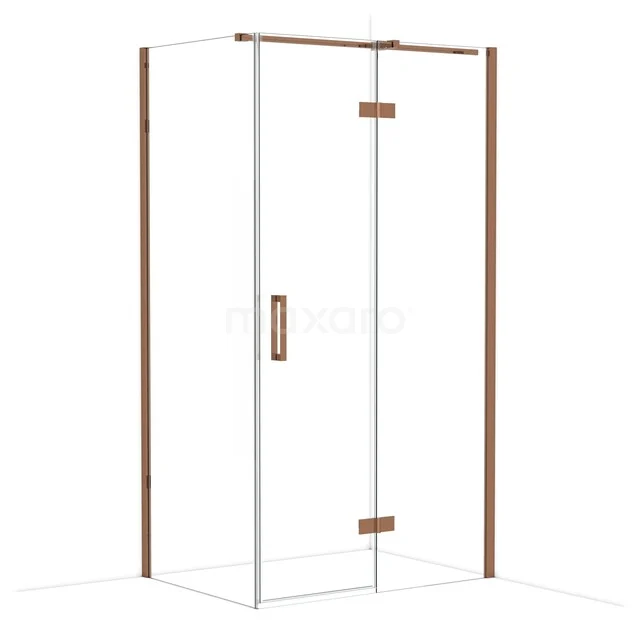 Shower cabin with glass doors, copper-coloured edges and handle, ideal as a stylish bathroom solution.