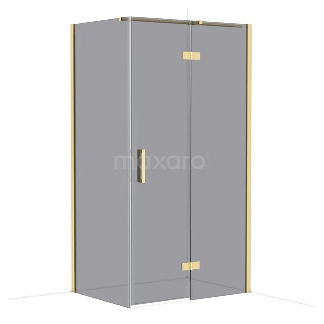 Graue Duschkabine mit goldener Verkleidung, rechteckiges Design und Glastüren; stilvolle Sanitäranlagen für das moderne Badezimmer.