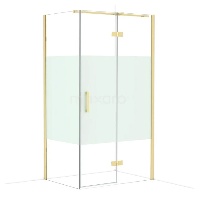 Duschkabine mit goldfarbigem Rahmen und Glas, einschließlich Tür mit Haltegriff, ideal für eine luxuriöse Badezimmergestaltung.