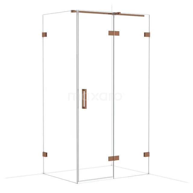 Shower cabin with clear glass walls, gold-coloured metal details and swinging doors, perfect for a modern bathroom.