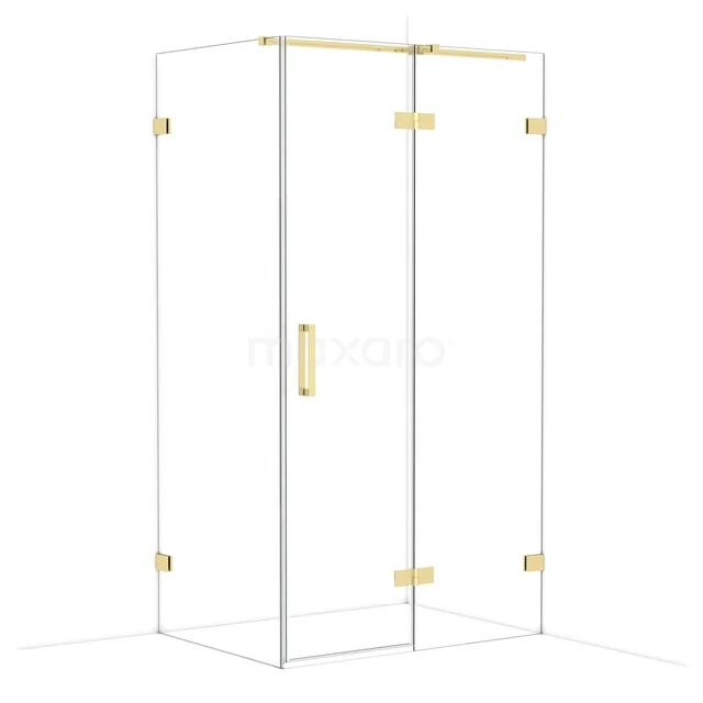 Gouden douchecabine met hoekinstap, helder glas, en luxe afwerking; ideaal als stijlvolle blikvanger in de badkamer.