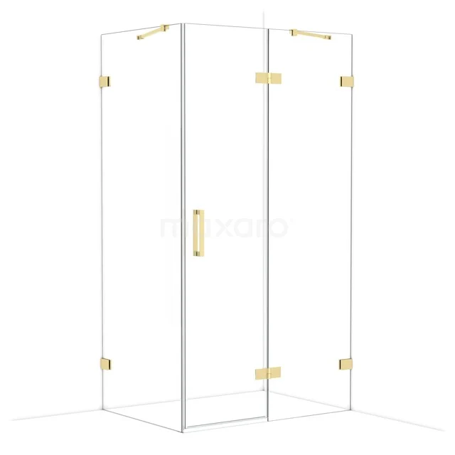 Glass shower cabin with gold-coloured hinges and handle, modern design ideal for a stylish bathroom.